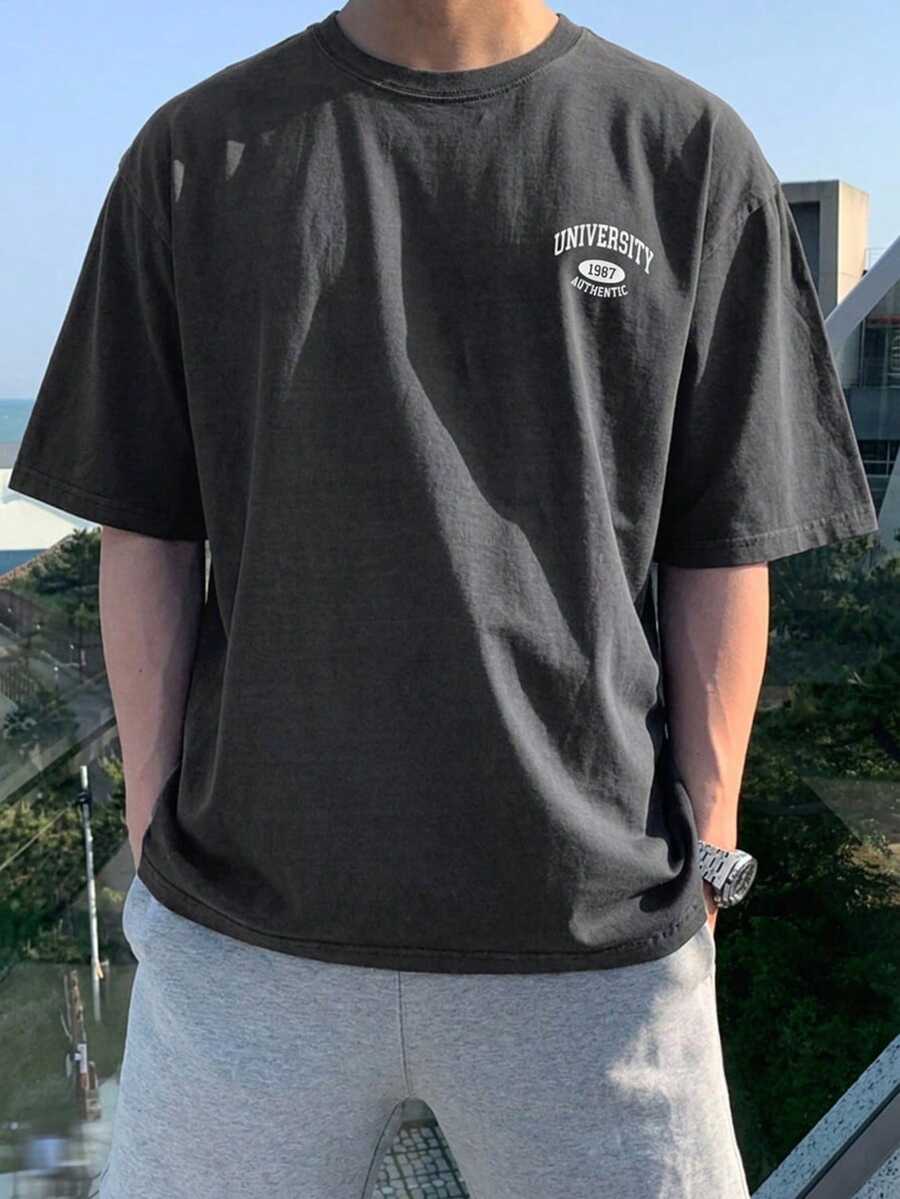 DAZY Summer Letter Print Crew Neck Dark Gray Men's T-Shirt - Grey - View 1