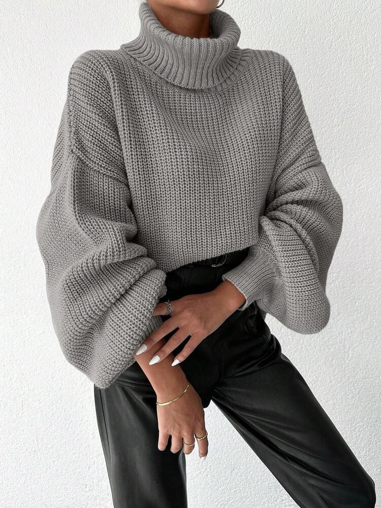 EURMUSE Women's Solid Color High Neck Dropped Shoulder Long Sleeve Casual Loose Sweater, Autumn/Winter - Camel - View 7