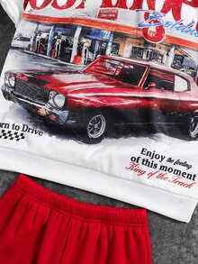 SHEIN 兒童青少年男孩休閒運動街頭賽車圖案白色連帽衛衣與慢跑褲套裝，適合秋季、學校、家庭聚會、度假，秋季穿搭、冬季穿搭，男孩兒童套裝 - 彩色 - 查看 4