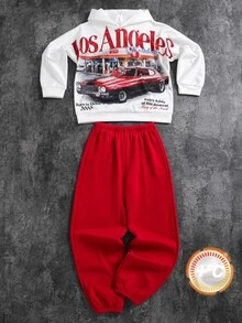 SHEIN 兒童青少年男孩休閒運動街頭賽車圖案白色連帽衛衣與慢跑褲套裝，適合秋季、學校、家庭聚會、度假，秋季穿搭、冬季穿搭，男孩兒童套裝 - 彩色 - 查看 2