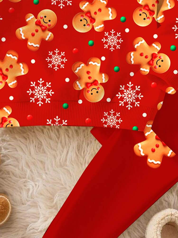 Merry Christmas, Baby Girl Casual Cute Adorable Cartoon Christmas Glitter Gingerbread Man Pattern, Mini Snowflake, Christmas Red Festive Soft Thickened Crew Neck Long Sleeve Sweatshirt And Leggings, Suitable For Autumn/Winter, Fleece Lined, Fall New Style, Winter - Multicolor - View 4
