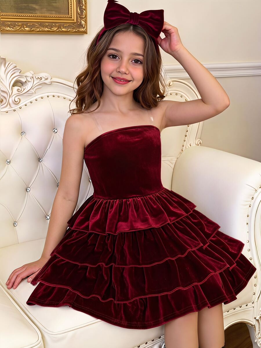 SHEIN فستان قصير أنيق فاخر فرنسي من المخمل متعدد الطبقات بكشكشة بدون حمالات ضيق للفتيات المراهقات، لحفلات أعياد الميلاد والارتداء اليومي وحفلات عيد الميلاد، فستان أحمر - الأحمر - مشاهدة 1