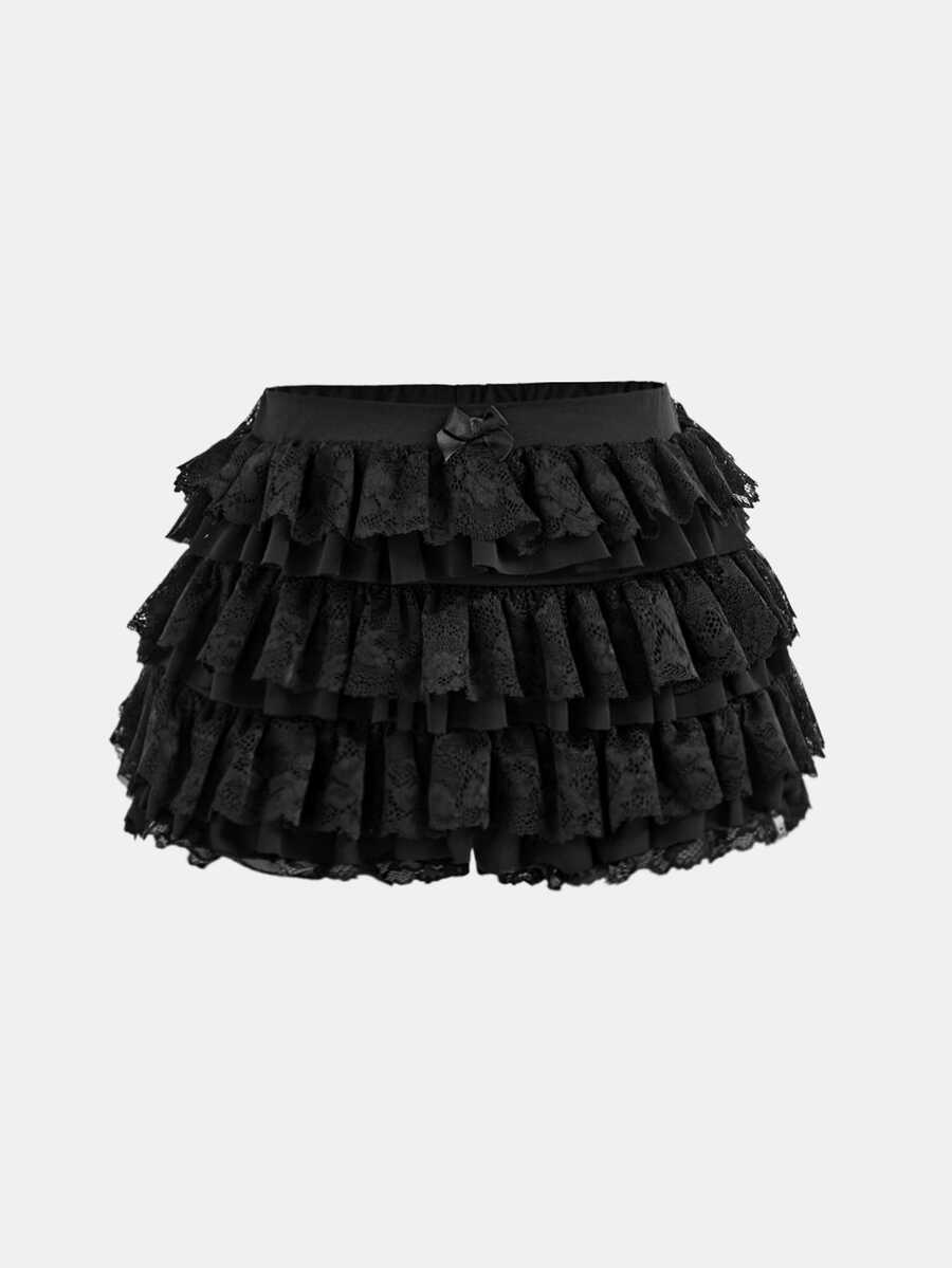 Maija Kids Maija Kids Tween Girl Balletcore Sweet Bow Kawaii Mesh Contrast Lace Ruffle Trim Elistic Waist Micro Mini Shorts Summer Shorts Beach Holiday - Black - View 1