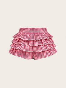 Maija Kids Maija Kids Tween Girls Bow Decor Plaid Layered Ruffle Skirt Shorts - Red - View 3