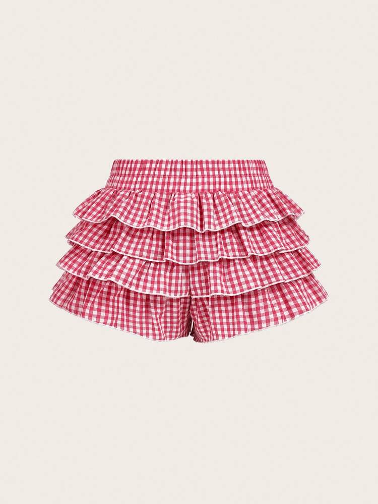 Maija Kids Maija Kids Tween Girls Bow Decor Plaid Layered Ruffle Skirt Shorts - Red - View 3