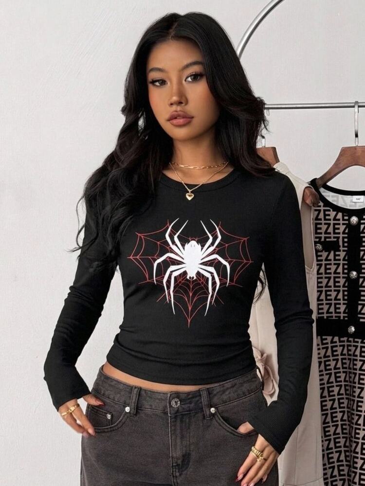 Girlism Kids Teen Girls Vintage Dark Red Heart Web Spider Print Graphic Long Sleeve T-Shirt Cool Minimalist Halloween Fall Winter Back To School Y2K Top - Black - View 3