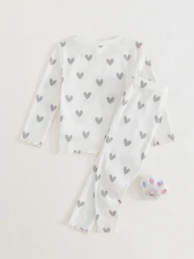 Cozy Pixies Baby Girl Knitted Cartoon Kitten & Heart Pattern Casual T-Shirt And Long Pants Loungewear 2 Pieces Set - Multicolor - View 2