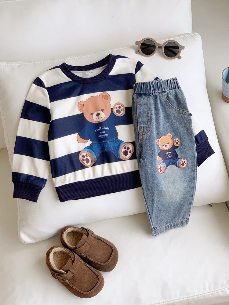 SHEIN 2pcs Baby Boy Baby Girl Baby Boy Baby Boy Tracksuits Autumn/Winter Cartoon Bear Pattern Knitted Soft Crew Neck Long Sleeve Pullover Sweatshirt Elastic Waist Denim Long Pants - Multicolor - View 5