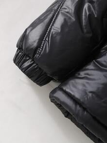 SHEIN 女童加厚填充抓絨內裡連帽夾克，長袖冬季拉鍊外套，適合大童學生，黑白街頭風，端莊可愛 - 黑色 - 查看 6
