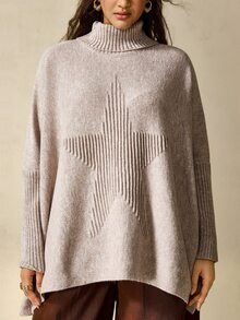 Nubod Plus Size High Neck Loose Fit Drop Shoulder Slouchy Pentagonal Jacquard Flattering Drop Shoulder Pullover Sweater Winter - Khaki - View 8