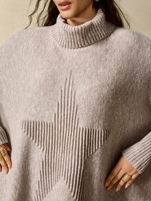 Nubod Plus Size High Neck Loose Fit Drop Shoulder Slouchy Pentagonal Jacquard Flattering Drop Shoulder Pullover Sweater Winter - Khaki - View 4