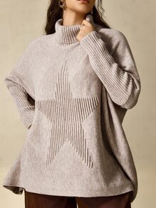 Nubod Plus Size High Neck Loose Fit Drop Shoulder Slouchy Pentagonal Jacquard Flattering Drop Shoulder Pullover Sweater Winter - Khaki - View 7