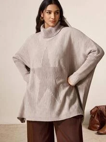 Nubod Plus Size High Neck Loose Fit Drop Shoulder Slouchy Pentagonal Jacquard Flattering Drop Shoulder Pullover Sweater Winter - Khaki - View 9