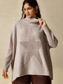 Nubod Plus Size High Neck Loose Fit Drop Shoulder Slouchy Pentagonal Jacquard Flattering Drop Shoulder Pullover Sweater Winter - Khaki - View 6