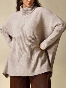 Nubod Plus Size High Neck Loose Fit Drop Shoulder Slouchy Pentagonal Jacquard Flattering Drop Shoulder Pullover Sweater Winter - Khaki - View 10