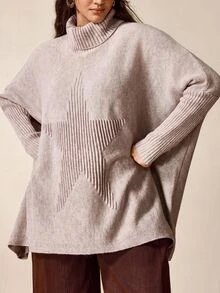 Nubod Plus Size High Neck Loose Fit Drop Shoulder Slouchy Pentagonal Jacquard Flattering Drop Shoulder Pullover Sweater Winter - Khaki - View 3