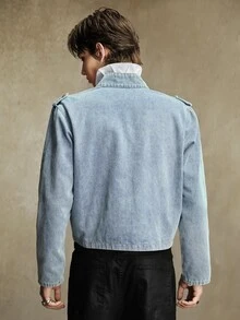 ROMWE MEN Casual ملابس علوية رجالي من الدنيم بأكمام طويلة بتصميم رجعي من العصور الوسطى - الأزرق - مشاهدة 3