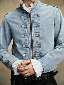 ROMWE MEN Casual ملابس علوية رجالي من الدنيم بأكمام طويلة بتصميم رجعي من العصور الوسطى - الأزرق - مشاهدة 2