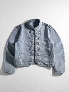 ROMWE MEN Casual ملابس علوية رجالي من الدنيم بأكمام طويلة بتصميم رجعي من العصور الوسطى - الأزرق - مشاهدة 1
