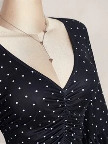 SHEIN ICON Plus Size Polka Dot Bell Sleeve V-Neck Ruched Bust A-Line Dress Fall - Multicolor - View 7