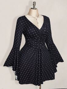 SHEIN ICON Plus Size Polka Dot Bell Sleeve V-Neck Ruched Bust A-Line Dress Fall - Multicolor - View 5
