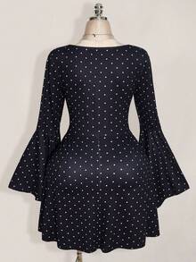 SHEIN ICON Plus Size Polka Dot Bell Sleeve V-Neck Ruched Bust A-Line Dress Fall - Multicolor - View 9