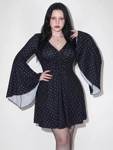 SHEIN ICON Plus Size Polka Dot Bell Sleeve V-Neck Ruched Bust A-Line Dress Fall - Multicolor - View 2