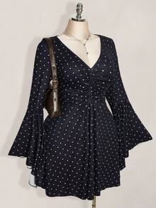 SHEIN ICON Plus Size Polka Dot Bell Sleeve V-Neck Ruched Bust A-Line Dress Fall - Multicolor - View 4