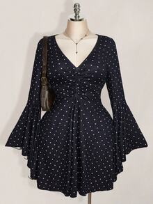 SHEIN ICON Plus Size Polka Dot Bell Sleeve V-Neck Ruched Bust A-Line Dress Fall - Multicolor - View 1