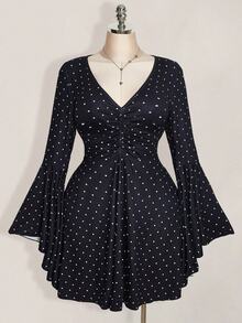 SHEIN ICON Plus Size Polka Dot Bell Sleeve V-Neck Ruched Bust A-Line Dress Fall - Multicolor - View 3