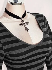 SHEIN ICON 大尺碼女款秋冬復古性感千禧風Y2K日常簡約休閒黑灰條紋V領喇叭袖洋裝 - 彩色 - 查看 7