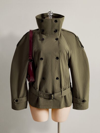 SHEIN ICON 여성 플러스 사이즈 가을/겨울 레트로 섹시 밀레니얼 스타일 Y2K 심플 캐주얼 패셔너블 퍼널 넥 밀리터리 그린 트렌치 코트 가을
