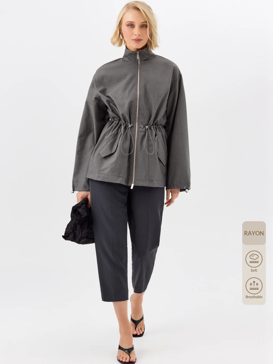 KÆRIA Hus Drawcord Waist Utility Jacket - Compact Woven - Charcoal Grey - Elegant, Casual, Luxury, Workwear - Grey - View 1