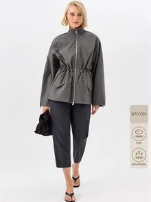 KÆRIA Hus Drawcord Waist Utility Jacket - Compact Woven - Charcoal Grey - Elegant, Casual, Luxury, Workwear - Grey - View 9
