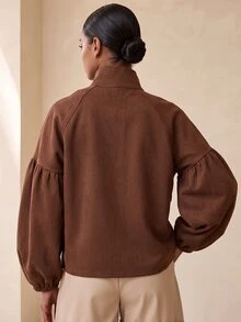 Vesra 女款素色休閒百搭日常穿著燈籠袖夾克 - 棕色 - 查看 2