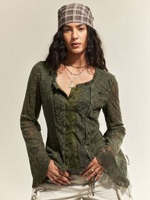 SHEIN Women's Spring/Autumn Solid Color Lace Fabric Floral Collar Frill Trim Flared Long Sleeve Front Placket Single-Breasted Short Blouse For Casual Streetwear - Army Green - View 6