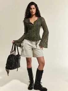 SHEIN Women's Spring/Autumn Solid Color Lace Fabric Floral Collar Frill Trim Flared Long Sleeve Front Placket Single-Breasted Short Blouse For Casual Streetwear - Army Green - View 5