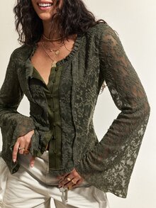 SHEIN Women's Spring/Autumn Solid Color Lace Fabric Floral Collar Frill Trim Flared Long Sleeve Front Placket Single-Breasted Short Blouse For Casual Streetwear - Army Green - View 1