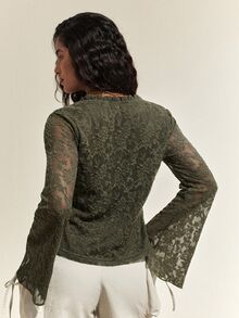 SHEIN Women's Spring/Autumn Solid Color Lace Fabric Floral Collar Frill Trim Flared Long Sleeve Front Placket Single-Breasted Short Blouse For Casual Streetwear - Army Green - View 2