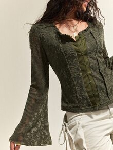SHEIN Women's Spring/Autumn Solid Color Lace Fabric Floral Collar Frill Trim Flared Long Sleeve Front Placket Single-Breasted Short Blouse For Casual Streetwear - Army Green - View 3