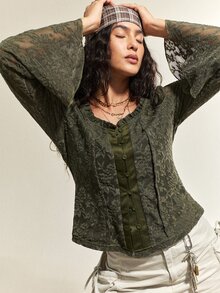 SHEIN Women's Spring/Autumn Solid Color Lace Fabric Floral Collar Frill Trim Flared Long Sleeve Front Placket Single-Breasted Short Blouse For Casual Streetwear - Army Green - View 4