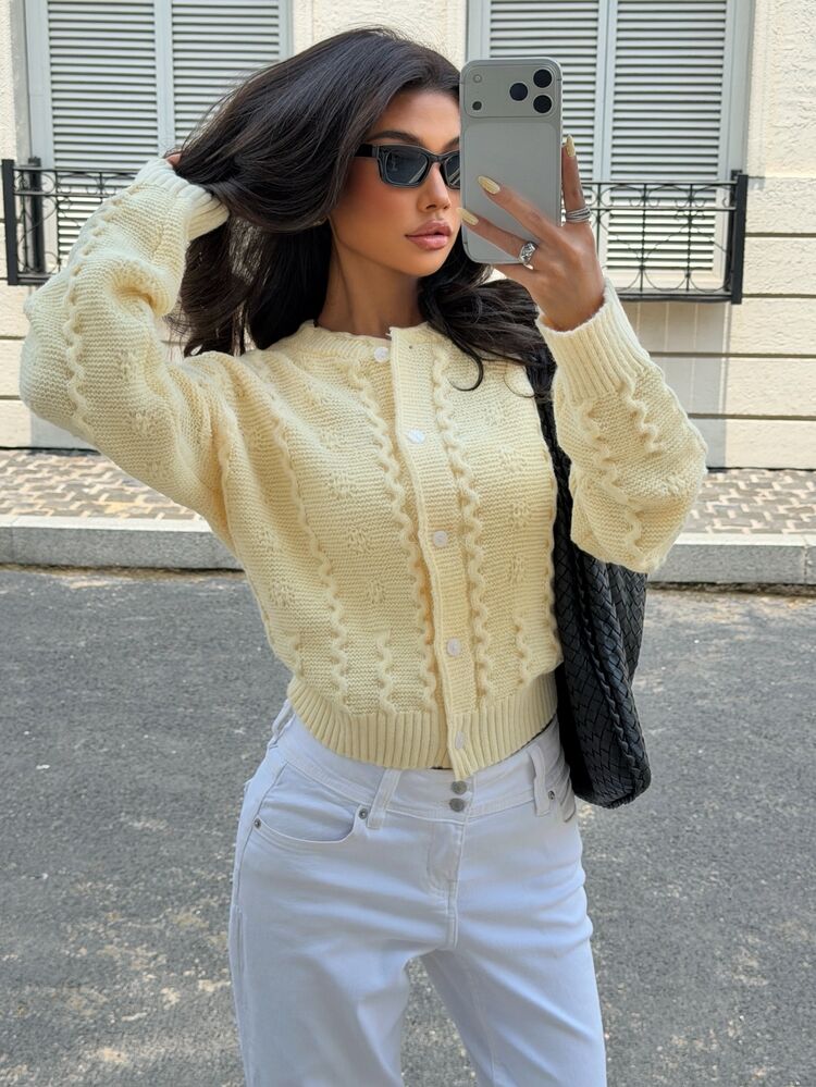 SHEIN Milk Yellow Cable Knit Cardigan Autumn Winter Crew Neck Button Cropped Sweater Jacket Casual Top - Yellow - View 7