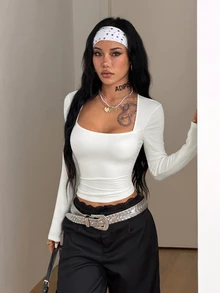 Coolane 女款冬季時尚優雅休閒外出款 寬鬆保暖極簡白色修身長袖聚酯纖維彈性纖維短版上衣 - 白色 - 查看 6