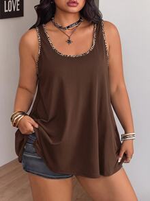 Coolane Women's Plus Size Summer Fall Casual Traditional Vacation Daily Commute Formal Going Out Leopard Print Patchwork Trim Camisole Brown Tank Tops - Brown - View 7
