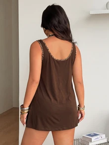 Coolane Women's Plus Size Summer Fall Casual Traditional Vacation Daily Commute Formal Going Out Leopard Print Patchwork Trim Camisole Brown Tank Tops - Brown - View 6