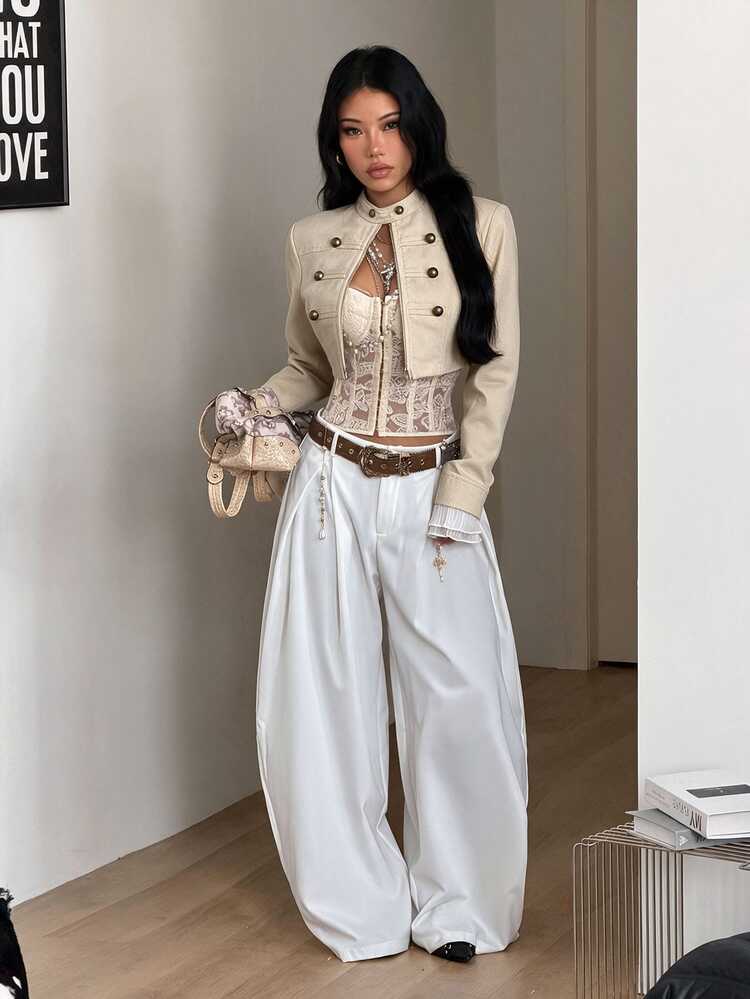 Coolane Women's Fall Streetwear Casual Rave Hippie Athleisure Y2K Basic Comfortable Zip Up Beige Gold Slim Fit Crop Long Sleeve Jacket Napoleon Coat Night - Apricot - View 8