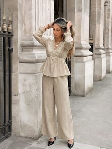 Serisse Women's Commuter Apricot Cotton Lace Two-Piece Set, V-Neck Lantern Sleeve Ruffled Top Paired With Wide-Leg Pants.,Women Fall/Winter Sets,Casual Sets - Apricot - View 1