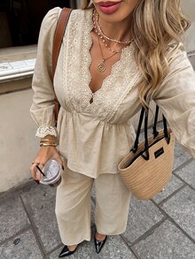 Serisse Women's Commuter Apricot Cotton Lace Two-Piece Set, V-Neck Lantern Sleeve Ruffled Top Paired With Wide-Leg Pants.,Women Fall/Winter Sets,Casual Sets - Apricot - View 5