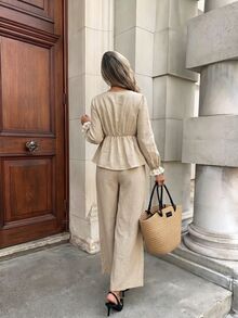 Serisse Women's Commuter Apricot Cotton Lace Two-Piece Set, V-Neck Lantern Sleeve Ruffled Top Paired With Wide-Leg Pants.,Women Fall/Winter Sets,Casual Sets - Apricot - View 2