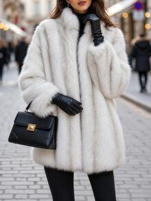 Editum Women's Fashion Vintage Long Sleeve Faux Fur Coat - White - View 6